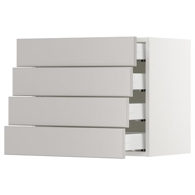 White SEKTION kitchen drawers with smooth, bevelled edges. Four horizontal drawers are displayed in a clean, modern design with a sturdy, white frame.