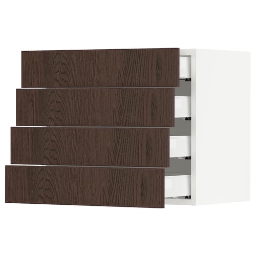 SEKTION kitchen with dark brown wood drawers and white cabinet.