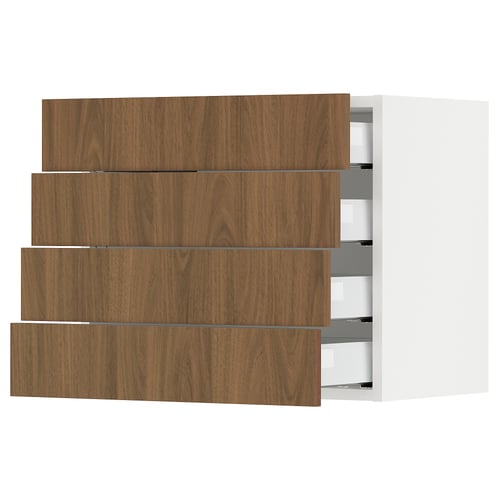 Modern kitchen unit. Wooden drawers, white frame. Sleek, flat design.