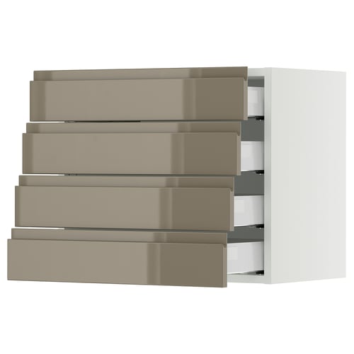 Modern kitchen unit, four high-gloss dark grey-brown drawers with integrated handles.