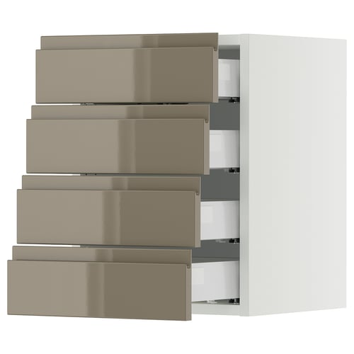 Modern kitchen cabinet with 5 dark brown glossy drawers.