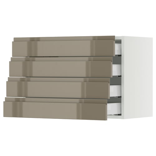 Modern kitchen unit with glossy bronze drawers and white cabinet.