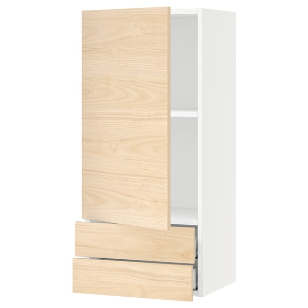 SEKTION / MAXIMERA Wall cabinet with door/2 drawers, white/Askersund light ash effect, 18x15x40 "