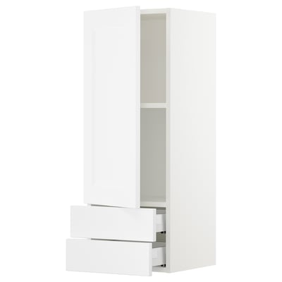 A white SEKTION kitchen cabinet with two open drawers and a door. It has a sleek, modern design.