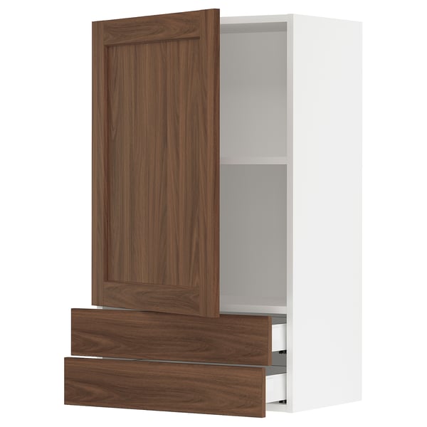 SEKTION / MAXIMERA Wall cabinet with door/2 drawers, white Enköping/brown walnut effect, 24x15x40 "