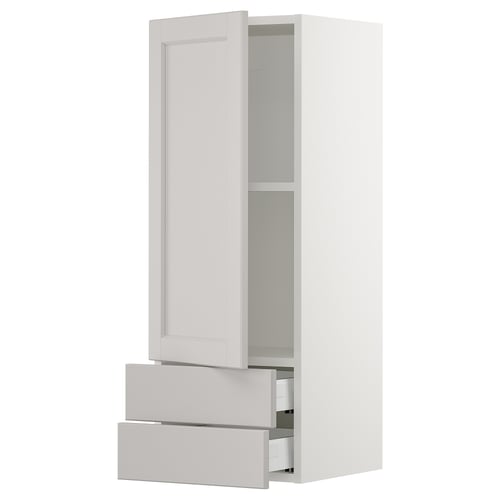 White SEKTION kitchen cabinet with two grey drawers and one shelf.
