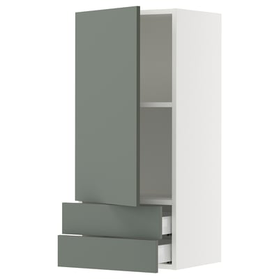 SEKTION / MAXIMERA Wall cabinet with door/2 drawers, white/Nickebo matte grey-green, 18x15x40 "