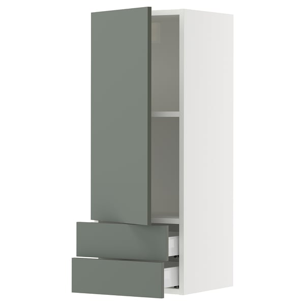SEKTION / MAXIMERA Wall cabinet with door/2 drawers, white/Nickebo matte grey-green, 15x15x40 "