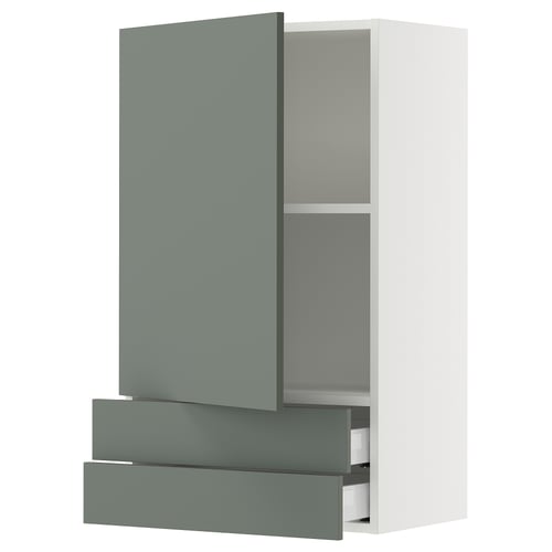 A modern gray-green kitchen cabinet with drawers and shelves.
