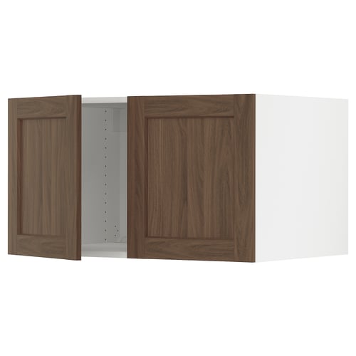 SEKTION kitchen unit with walnut shelves, brown wooden doors, adjustable shelves.