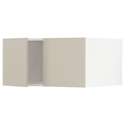 Beige kitchen cabinet, three sections with smooth, rectangular design and modern, minimalist look.
