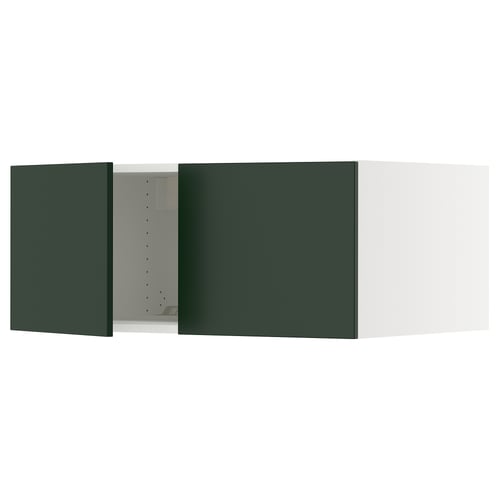 Green ikea SEKTION kitchen cabinet with white sides. Modern, square, adjustable shelves.