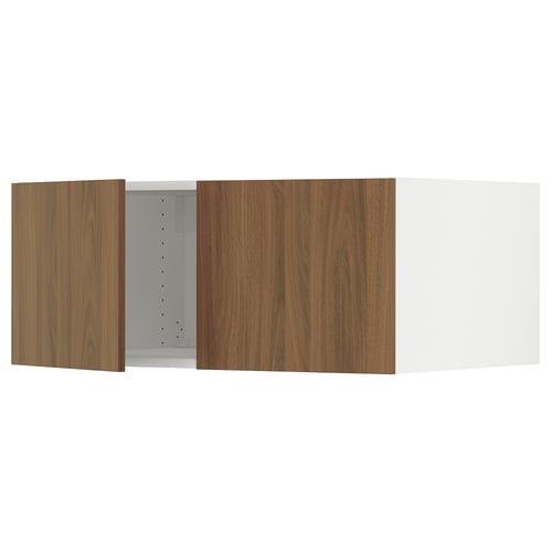 Wooden kitchen cabinet, walnut-colored, rectangular doors. Adjustable shelves, snap-on hinges.