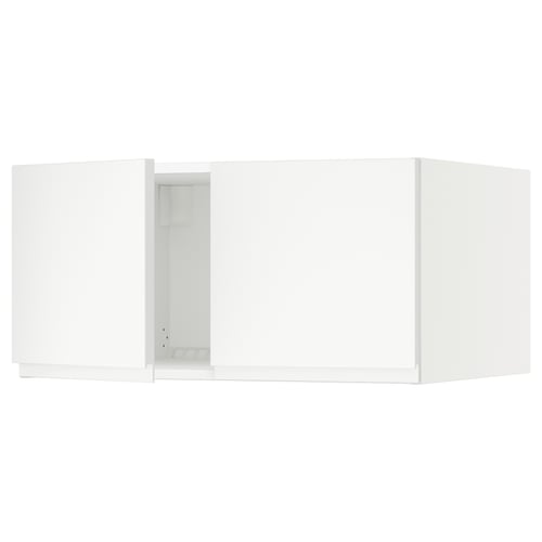 White SEKTION kitchen cabinet, modern minimalist design, matte finish, square shape, two open doors showing inside space.
