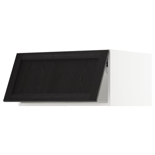 Black stained wood kitchen cabinet with white sides and angled front. Minimalist traditional design. Solid wood and veneer.