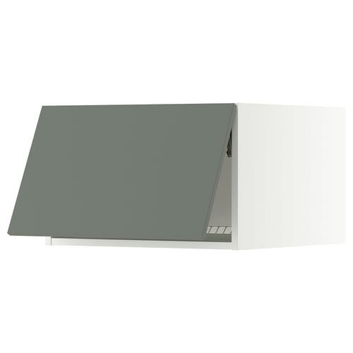 A modern grey-green kitchen cabinet from the ikea SEKTION system. It has a sleek, matte front with a horizontal hinge and a 25-year guarantee.