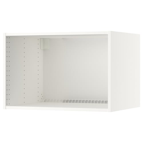 White wall-mounted kitchen cabinet, rectangular, perforated back panel for ventilation.