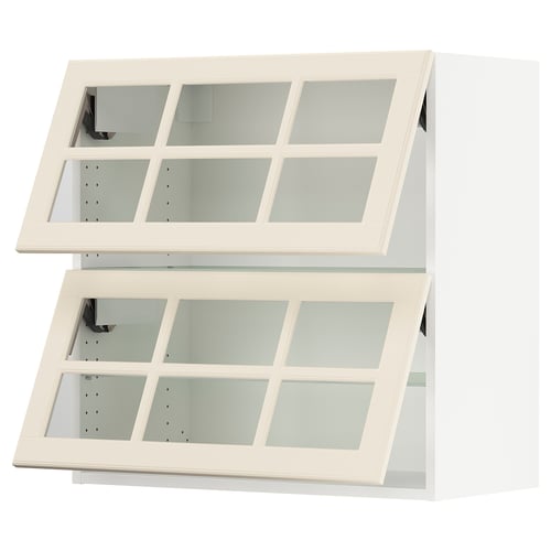 Off-white SEKTION kitchen cabinets with glass doors, featuring a traditional design and bevelled edges.
