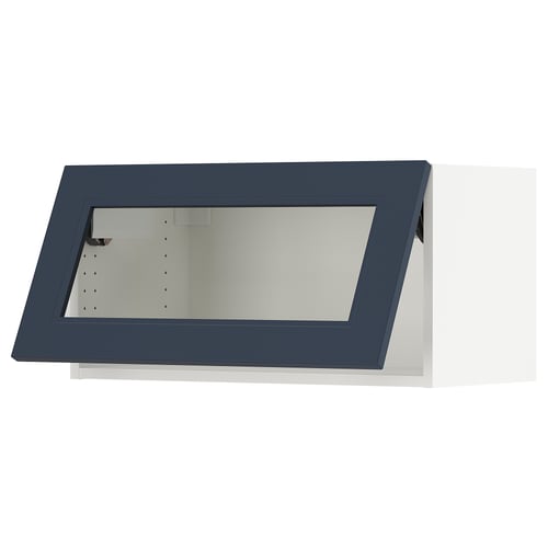 SEKTION kitchen wall cabinet with blue glass door and modern shape.