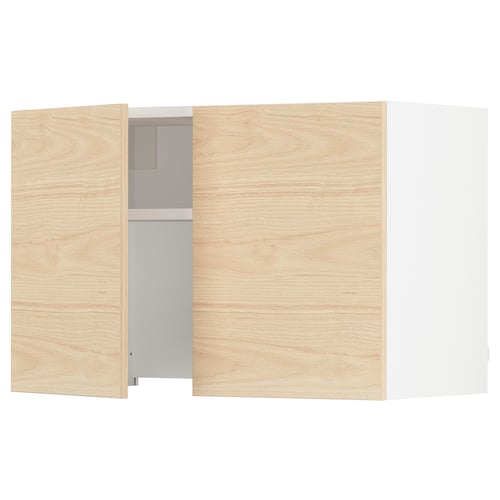 Wooden kitchen cabinet with light ash finish, featuring two openable doors and a shelf inside.