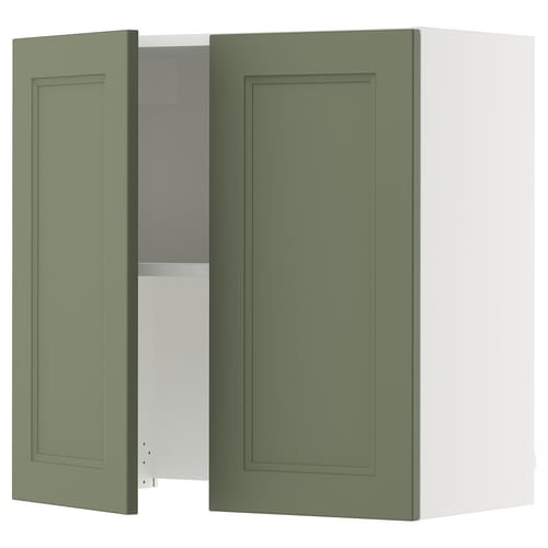 Green SEKTION wall cabinet with one open door revealing shelves.