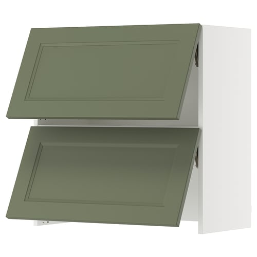 Two green kitchen cabinets, one above the other, with modern design and flat panels. Green colour, rectangular shape, and white interior.