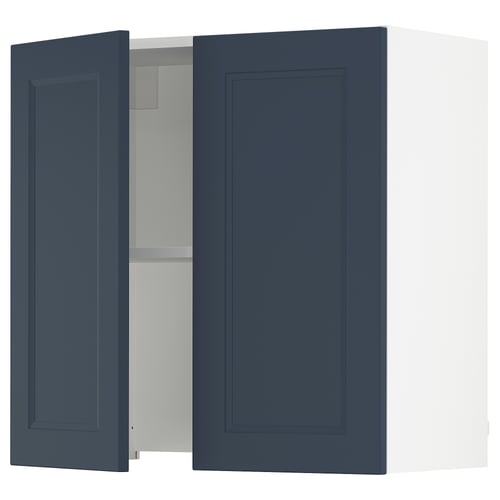 SEKTION kitchen cabinet in blue with open door, showing shelves and hinges.