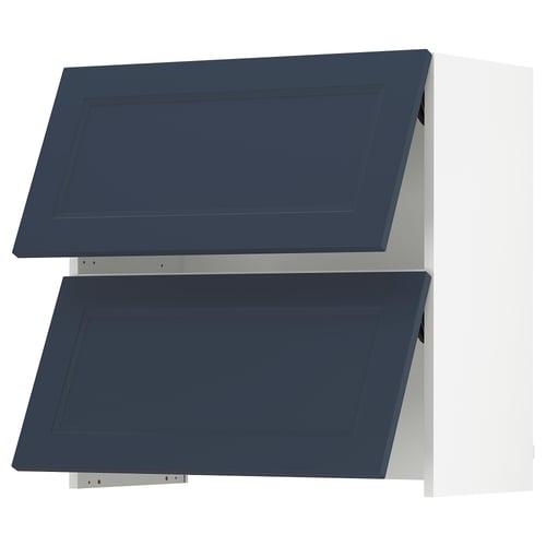 Blue kitchen cabinet set; two shelves; modern design; metal brackets.