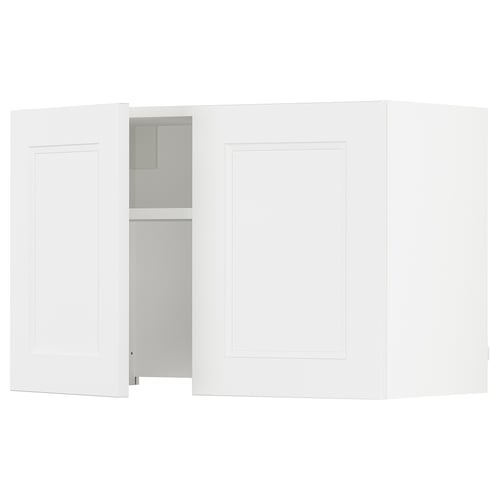 White SEKTION kitchen cabinet with one open door revealing shelves.