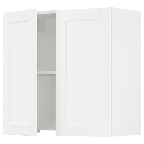 White SEKTION kitchen cabinet with wooden grain texture, sleek design, open door revealing interior shelves.