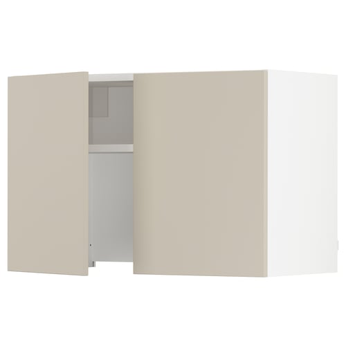 A beige SEKTION kitchen cabinet, featuring a smooth, modern design with a door that opens to reveal interior storage and a shelf.