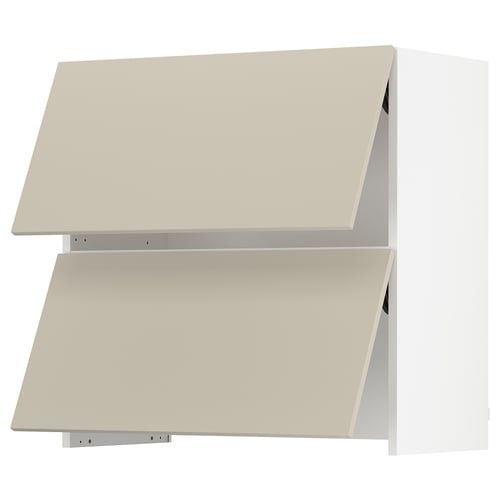 Two beige ikea SEKTION kitchen cabinets in a rectangular shape with smooth surfaces, stacked vertically.