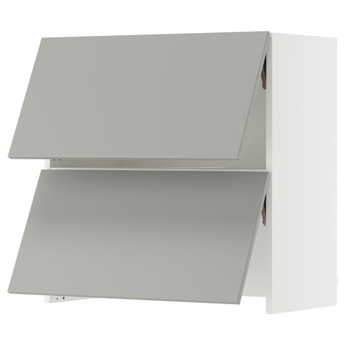 An ikea SEKTION light grey kitchen cabinet in a modern style. It has a rectangular shape and two slanted doors.