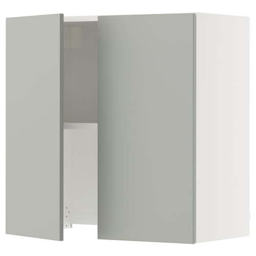 A grey SEKTION kitchen cabinet with one door open, revealing an empty interior with adjustable shelves. The cabinet has a modern, clean design.