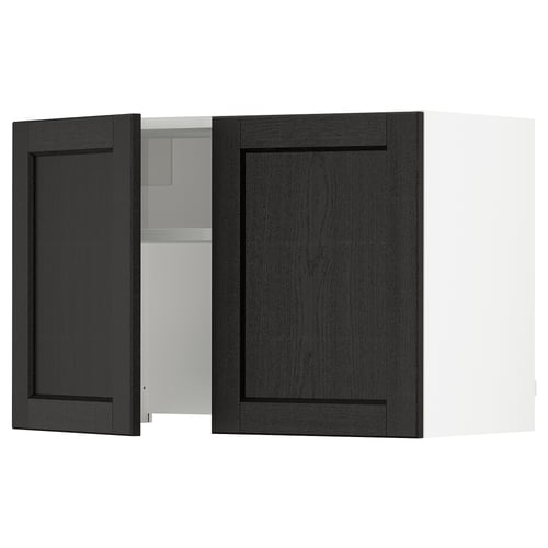 Black stained wooden kitchen cabinets with one door open, revealing the interior.
