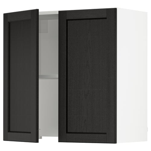 Black ikea SEKTION kitchen cabinet with one door open, revealing an adjustable shelf inside.