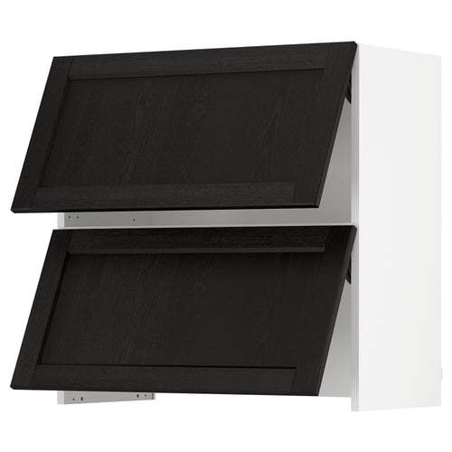 Black stained ash wooden kitchen cabinet with bevelled edges, two shelves, and a sleek design.