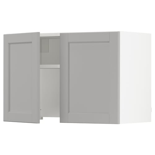Ikea SEKTION kitchen cabinet in light grey with open door showing interior.