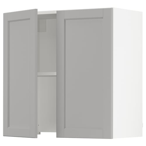 Grey lerhyttan kitchen cabinet with adjustable shelves and bevelled edges.