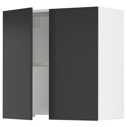 Black modern kitchen cabinet with one open door revealing adjustable shelves, featuring sleek design and snap-on hinges.