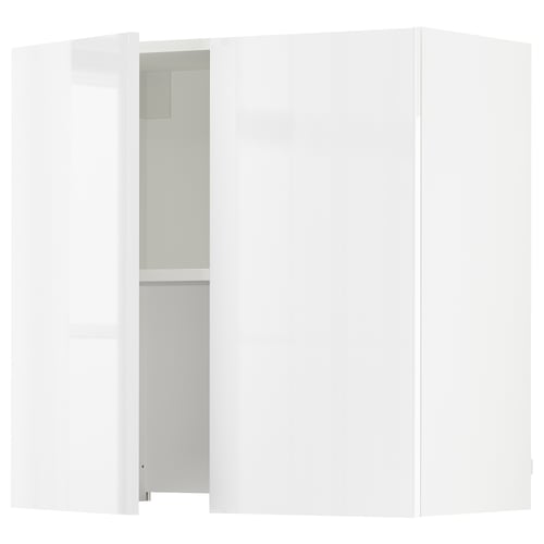 White high-gloss kitchen cabinet with a single open door, sleek design, modern look, adjustable shelves.