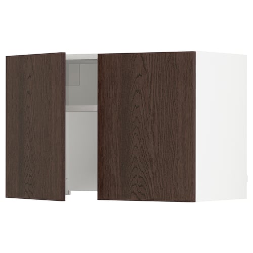 SEKTION kitchen cabinet with dark brown wood doors, featuring one open door revealing a white interior shelf.