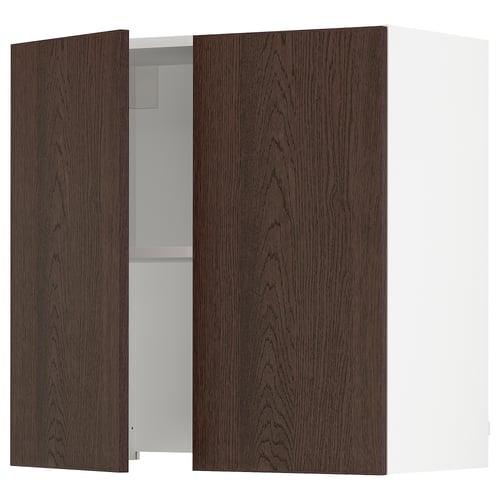 Wooden kitchen cabinet with dark brown doors and white interior, showcasing shelves and a hinge.