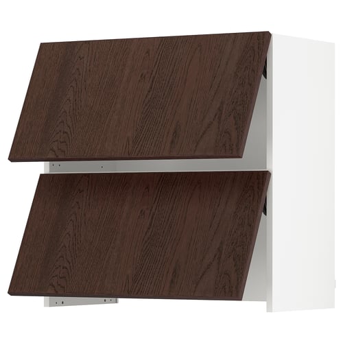 Dark brown wood panel kitchen cabinets, two stacked with metallic handles.