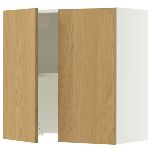 A light wooden cabinet with one door open, featuring light brown oak veneer and adjustable shelves.