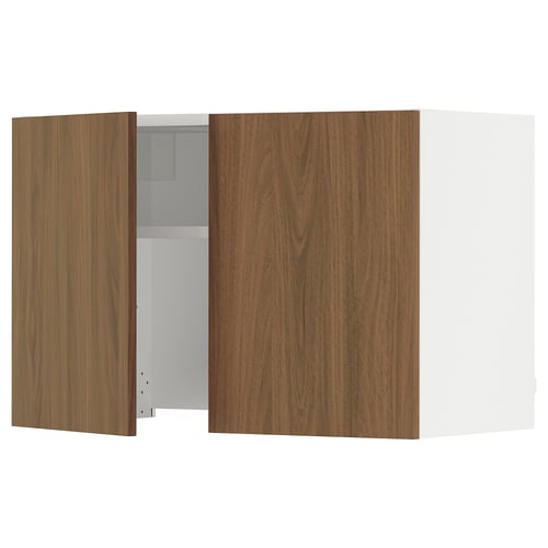 The SEKTION kitchen cabinet with a walnut finish and white frame, featuring a single open door revealing shelves inside.
