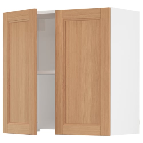 Wooden cabinet with door open; light brown oak, rectangular shape, flat panel design.