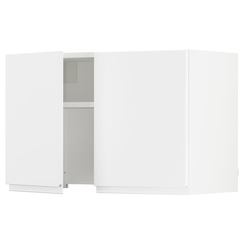 White minimalist cabinet, matte finish, rectangular, two doors, integrated handles.