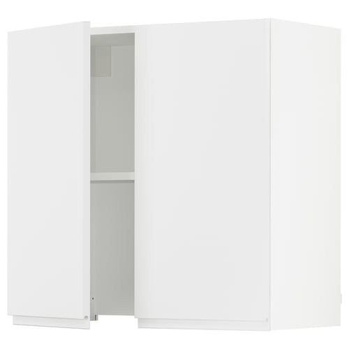 White modern kitchen cabinet, minimalist design. High-gloss finish, rectangular shape. One open door, two shelves.