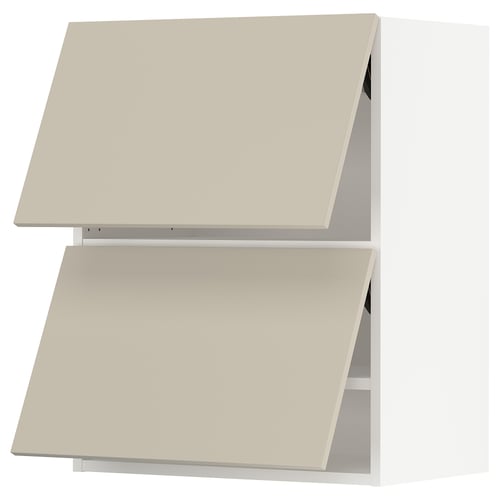 SEKTION kitchen cabinets in beige, smooth clean design, rectangular shape, two wall units with angled tops.